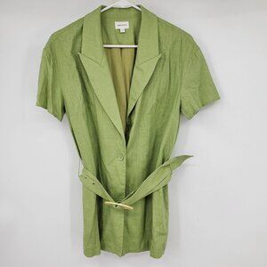 Song of Style Linen Blend Green Peak Lapel Button Front Short Sleeve Belted Shir